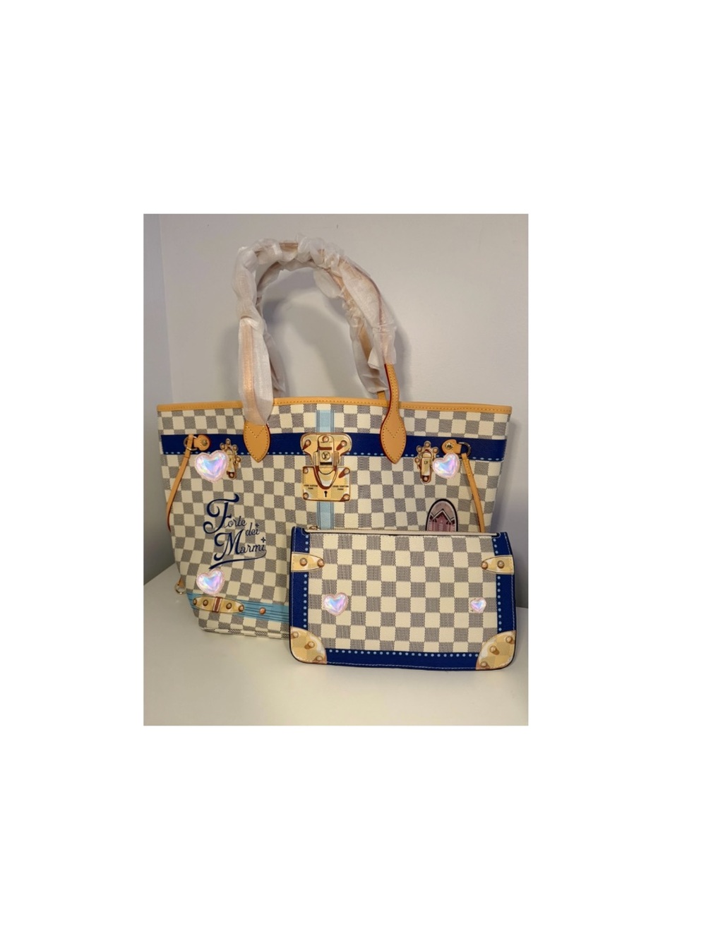 Canvas Checkered LV Tote Bag with Matching Pouch & Keychain